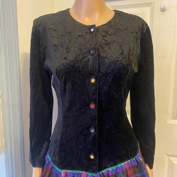 Vintage 90s ByerToo! Women Dress 7/M Black Velvet Multicolor Ruffle Skirt Retro - Picture 7 of 13